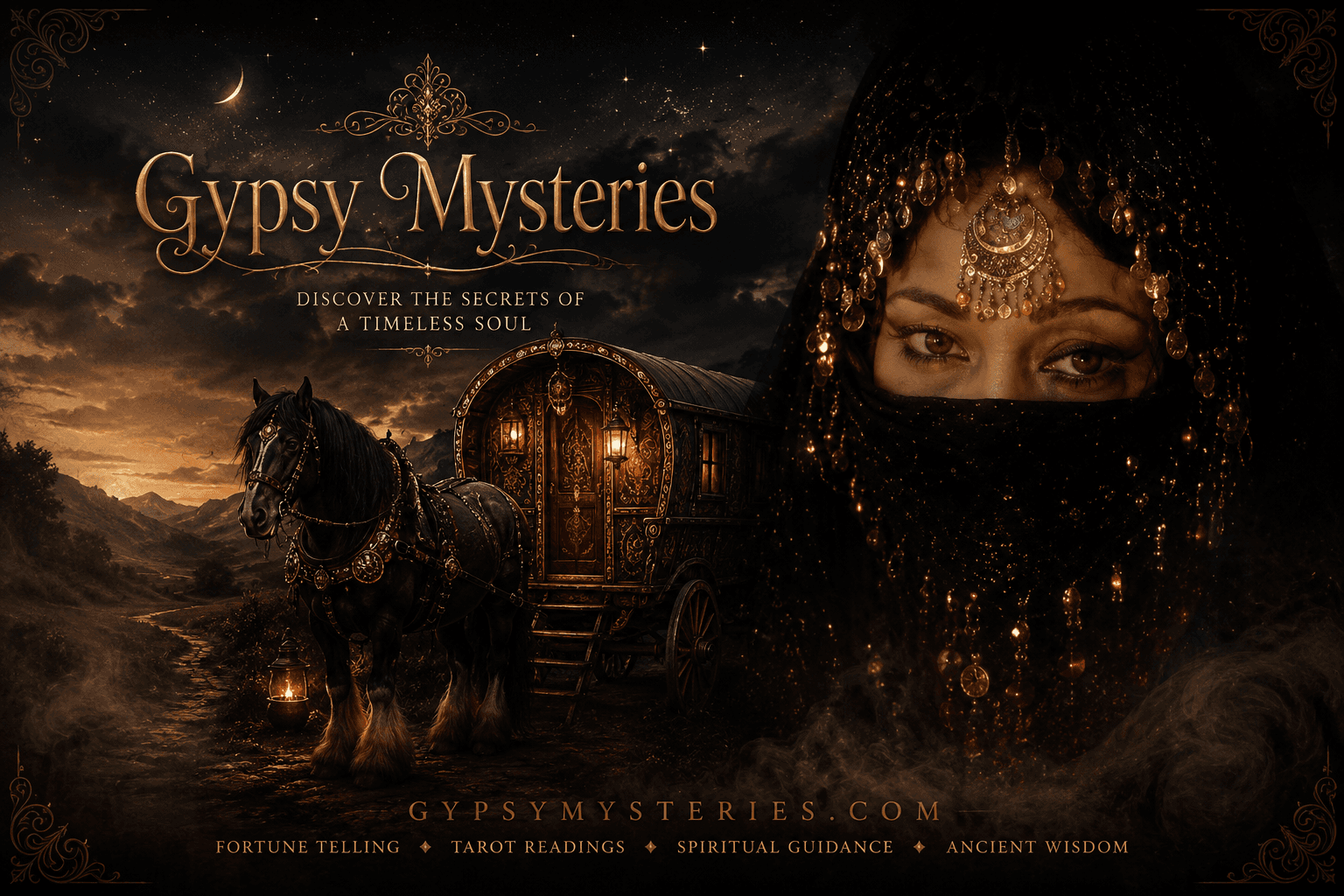 Gypsy Mysteries moonlit wagon, black horse, and veiled reader brand artwork