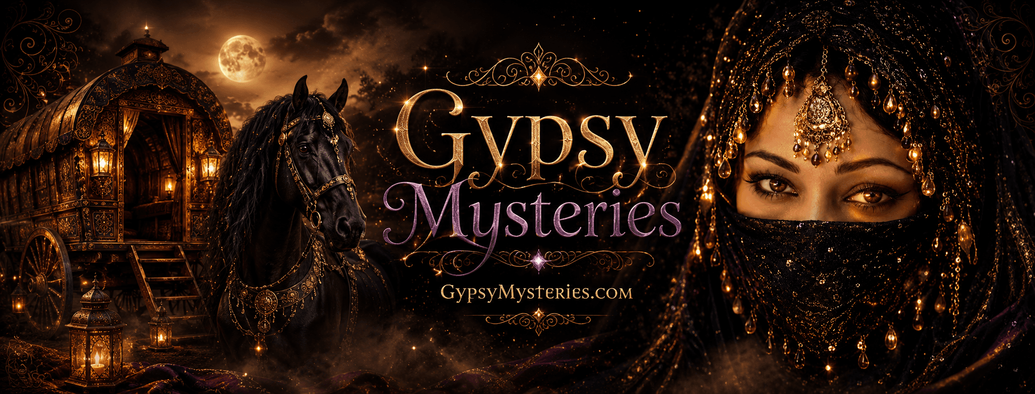 Gypsy Mysteries moonlit wagon, black horse, and veiled reader brand artwork